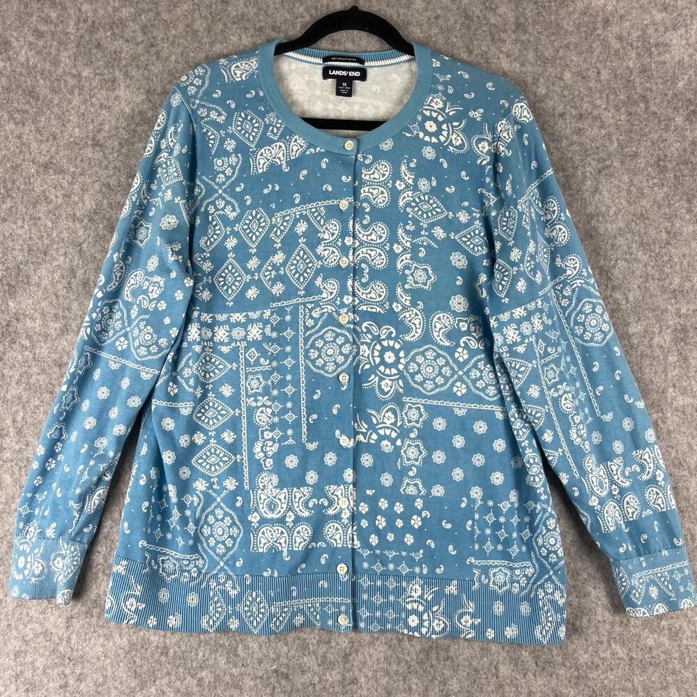 Lands End Cardigan Sweater Womens 1X‎ Blue Paisley 100% Supima Cotton Casual